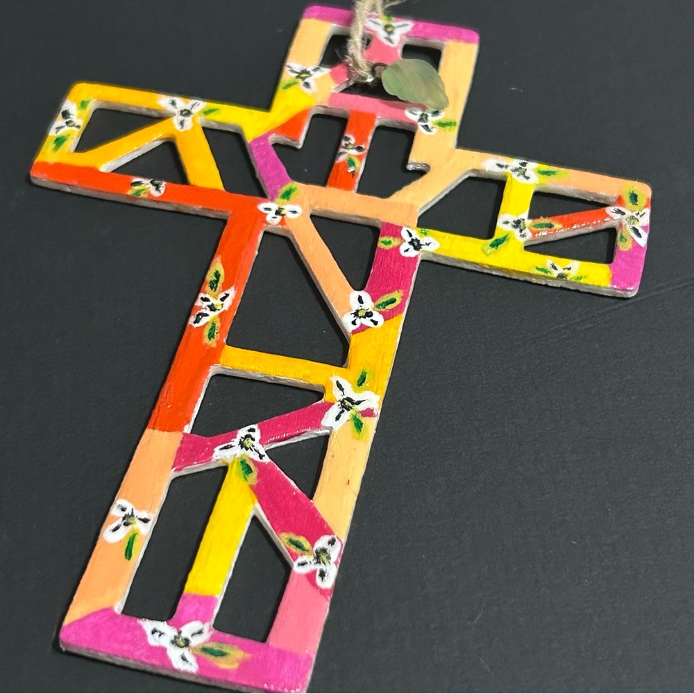 Hand Painted Cross Ornament Wooden Tropical Floral with Leaf Frosted Charm